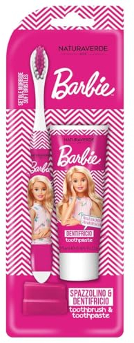 Naturaverde | Kids – Mattel Barbie – Kit de limpieza oral para niños, pasta de dientes de fresa y caramelo 25 ml y cepillo con cerdas suaves, pasta de dientes Barbie