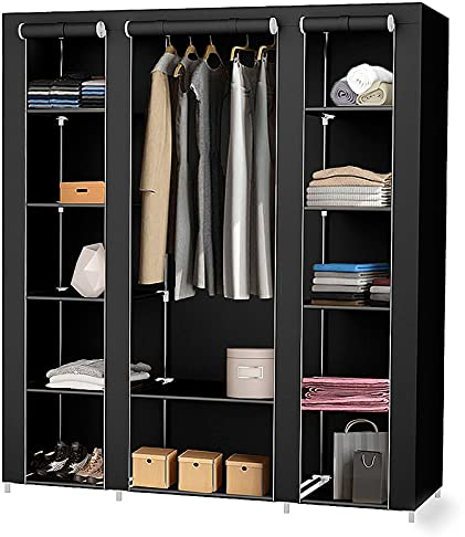 HUOLE Kleiderschrank,Faltschrank,Stoffschrank,Faltbare Garderobe mit Kleiderstange und Ablagen,Soffüberzug für Schlafzimmer, Ankleidezimmer,172 * 134 * 43cm- Schwarz