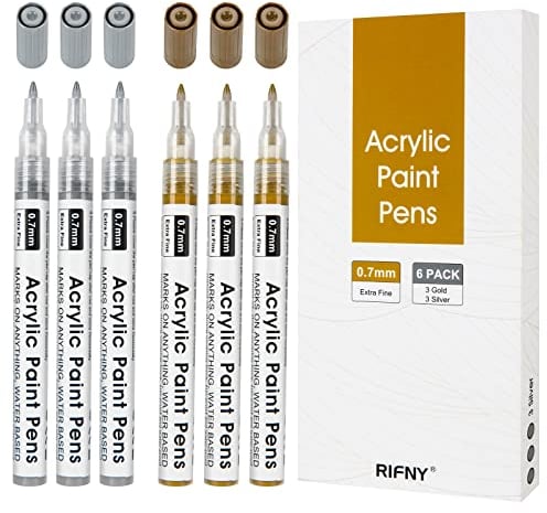 RlFNY Acrylic Paint Pens, Set of 6 Acrylic Pens for Rock Painting, Wood, Ceramic, Canva, Quick Drying Permanent Marker Pen Extra fine tip 0.7mm (3 gold + 3 silver)