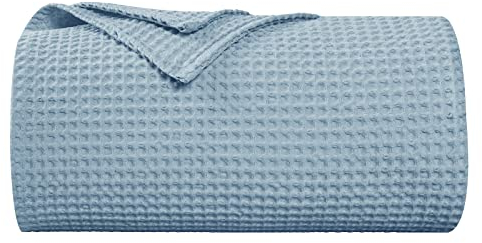 PHF 100% Baumwolle waffledecke Kuschedecke 150x200cm, leicht & atmungsaktiv, perfekt für den Sommer - Oeko-TEX® Zertifiziert - Hotelwäschequalität - Ideal für Sofa Couch Bett, Staubiges Blau