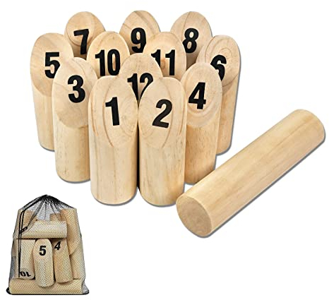 Froadp Wurfspiel Set aus Kieferholz, Kubb Wikingerschach Spiel mit 12 Holznummer & 1 Wurfzylinder, Holzwurf Bodenspiele Gartenspiele Set Draußen, Outdoor Spielzeug für Kinder Erwachsene Familienfeiern