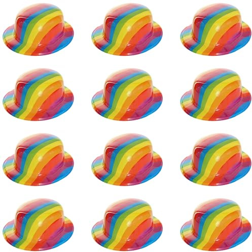 Rainbow Pride Bowler-Hüte – Packung mit 12 Regenbogen-Bowlern aus Kunststoff – perfektes Accessoire für Stolzmonat, Stolzmarsche und Stolzveranstaltungen