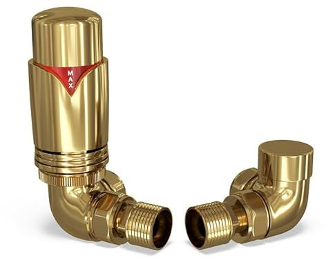 UK Radiators Polished Brass Thermostatic Radiator Valve and Corner Lockshield - Polished Brass Finish - Classy and Modern Design 1/2 x 15mm Corner Radiator Valve
