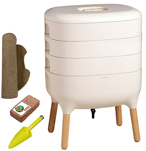 Moutta | Urbalive 3 Plateaux Ivoire Kit Complet I Lombricomposteur Design I Substrat de démarrage I Tapis de Chanvre + Pelle I Intérieur, Balcon et Jardin