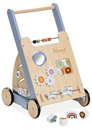 hauck Learn to Walk Skills – Holz Lauflernwagen für Babys ab 12 Monaten, mit Motorikspielzeug, Sortierspiel, Ablagefach & Bremssystem, Fördert Laufen, Feinmotorik & Farberkennung, FSC® Zertifiziert