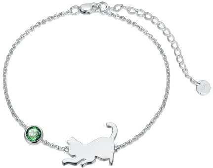 LONAGO Katze Armband 925 Sterling Silber Nette Katze mit Geburtsstein Armband Schmuck für Frauen (Mai-Grün)