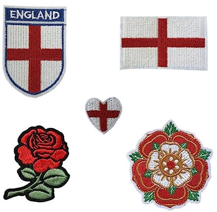 Set of 5 England Embroidery Patch Iron on or Sew on Embroidered Motif Transfer English Flag Heart Rose Team Crest