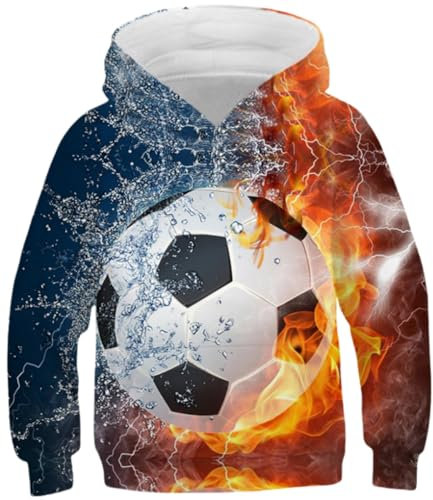 Ocean Plus Jungen Kapuzenpullover Bunt Teens Hoodie Kinder Langarm Pulli mit Kapuzen Sweatshirt Pullover (L (Körpergröße: 145-150cm), Feuer- und Wasserfußball)