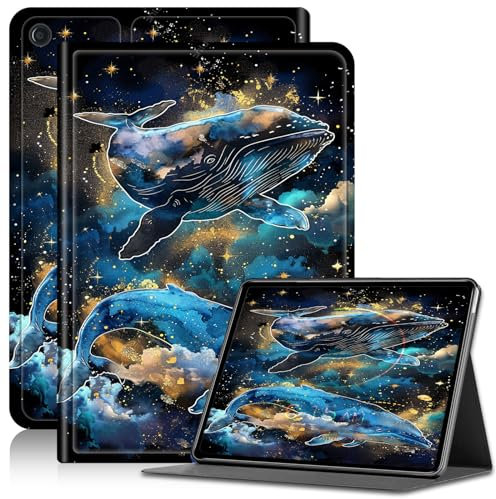 Étui pour Kindle Fire 7 12ème génération, étui fin en cuir PU pour tablette Fire 7, support réglable, étui avec fonction veille/réveil automatique, enfants pour Amazon Fire 7, baleine dorée