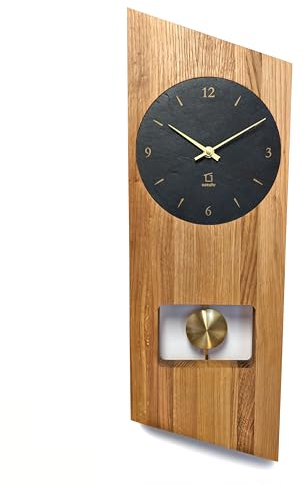 Natuhr Pendeluhr Waxenstein - Eiche geölt dunkler Schiefer Zifferblatt Pendel aus Messing (Quarz-Pendeluhrwerk)