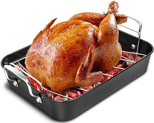 MICHELANGELO Turkey Roasting Pan with Rack, Carbon Steel Nonstick Turkey Roaster Pan with Stainless Steel Rack, Oven and Induction Compatible, 15 Inch x 11 Inch