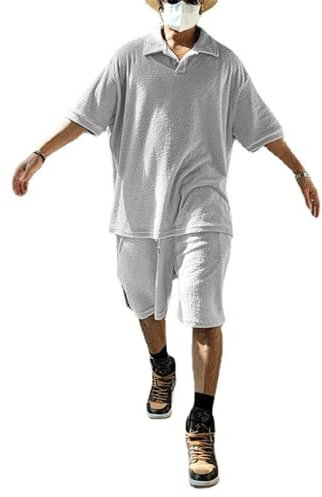 Freizeitset Herren All-Match Trend Lose 2 Stück Shirt Set Kurzarm Temperament Mode Poloshirt Herren Das Neue Revers T-Shirts Kurze Hose Freizeitanzug Q-Light Grey2 3XL