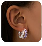 Mesovor Silber Doppel Creolen Ohrringe für Damen, Dicke Versilberte Farbige Zirkonia Creolen Ohrringe, Silver Earrings Schmuck Geschenke (Silber-lila)