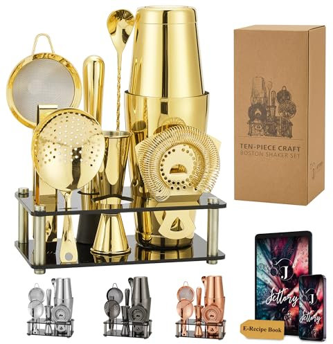 Jettory Boston - Juego de coctelera de acero inoxidable de 10 piezas con base acrílica, colador de bar, pinzas para hielo, cuchara de bar, vaso medidor, mortero, perfecto para el bar en casa (dorado)
