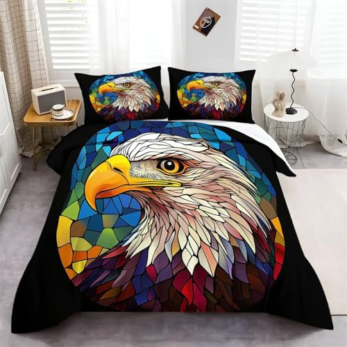 Bettwäsche Set Tiere Adler Glasbausteine 200 cm x 200 cm Bunt, Weiche Angenehme Bettbezug Mit Reißverschluss Und 2 Kissenbezug, Bedrucktes Bettwäsche Sets Für Kinder Erwachsene Raumdekoration