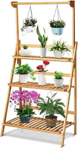 Support pour plantes en bambou à 3 niveaux - 100 cm - Pour intérieur et extérieur - Pour terrasse, jardin, salon - Avec support pour pots de fleurs