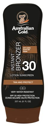 Australian Gold SPF 30 Lotion mit Bräuner | Neue Formel | Natürlicher Bräuner & Sofortige Farbe | Feuchtigkeitsspendend mit Aloe Vera, Kakaobutter und Natürlichen Ölen | 237ml