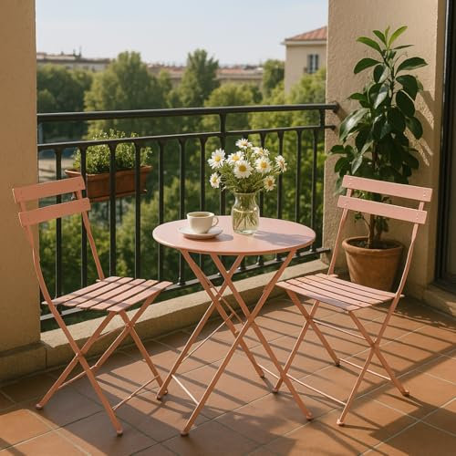 MOF Bistro Sets for 2 for Garden, Outdoor Table and Chairs for Patio, Balcony, Garden - Foldable & Compact Bistro Set Outdoor Furniture (Pink)