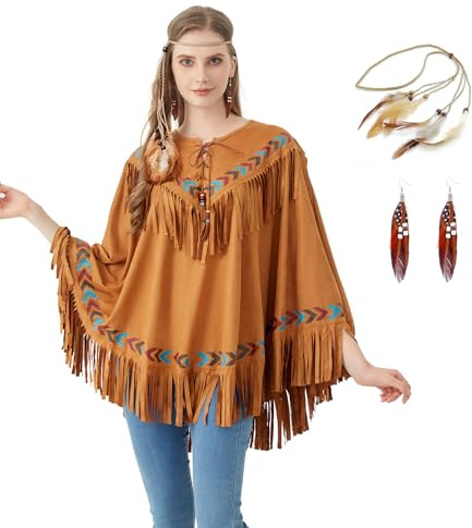 aicoaub Poncho Indianerin Braun Indianer Poncho Oberteil Damen Kostüm für Cowboy Häuptling Squaw Karneval Fastnacht Halloween Cosplay Umhang in Lederoptik mit Fransen Faschingskostüm für Draußen
