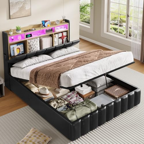 KIMENICH Bett mit LED Beleuchtung, Hydraulisches Bett 140 x 190 cm, Polsterbett, Regalkopfteil mit Stauraum, Bettgestell mit Lattenrost, bequem, für Schlafzimmer, Gästezimmer, Schwarz