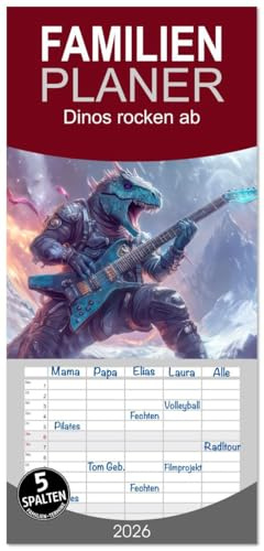 Familienplaner 2026 - Dinos rocken ab mit 5 Spalten (Wandkalender, 21 cm x 45 cm), CALVENDO: Dinosaurier im Musikfieber (CALVENDO Spass)