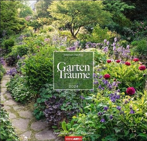 Gartenträume Kalender 2024. Wandkalender mit 12 Fotos romantischer Gärten. Farbenprächtiger Bildkalender für die Wand. Quadratischer Fotokalender.