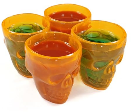 Komonee 4 x Halloween Trick Or Treat Skull Shot Drinking Game Glasses Plastic Orange Party Novelty Spooky Fun
