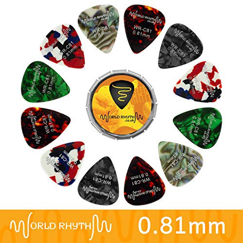 World Rhythm 0.81mm Gitarrenpicks - 12 Zelluloid Gitarrenplektren & Aufbewahrungsdose - Auswahl an Farben/Designs