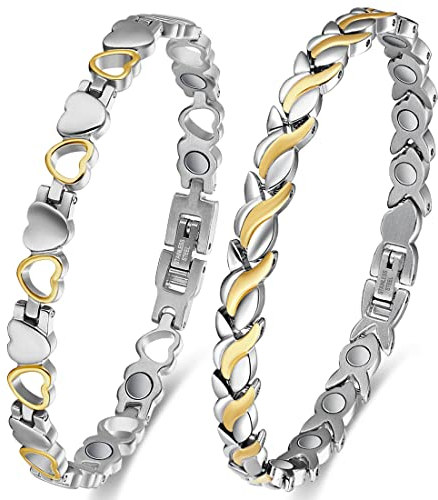 Vicmag Magnetic Bracelets for Women Titanium Steel Brazaletes Ultra Strength Magnetic Adjustable with Removal Tool and Gift Box (2 Pcs Silver and Gold)