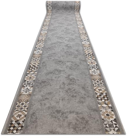 rugsx Antirutsch Teppichläufer Murcia - Lissabonfliesen, Rahmen, moderner Kurzflor für Küche, Flur & Wohnzimmer, Meterware, grau 80x720 cm