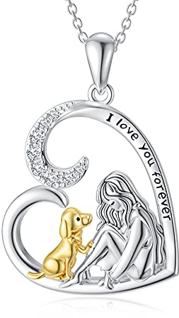 ROMANTICWORK Hund und Mädchen Kette 925 Sterling Silber Liebe Herz Hund Anhänger Halskette Hund Schmuck Geschenke für Damen Tochter Hundeliebhaber