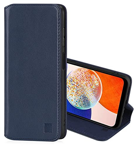 32nd Classic Series 2.0 - Real Leather Book Wallet Flip Case Cover For Samsung Galaxy A14 (4G/5G) (2023), With RFID Blocking Card Slot, Magnetic Closure and Built In Stand - Navy Blue