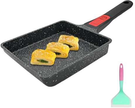 Bobikuke Japanese Omelette Pan, Nonstick Tamagoyaki Pan with Removable Handle 19 x 16 x 4 cm, Oven& Safe with Silicone Spatula (Black)