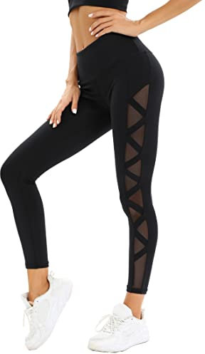 Dmwhsy Hoch taillierte Leggings für Frauen, Bauchkontrolle, Workout, Laufleggings, Damen-Yogahose mit seitlichem Mesh-Einsatz und Wasit-Reißverschlusstasche