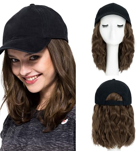 SEGO Wig Cap mit Haaren Extension mit Baseballmütze BOB Perücke Haarverlängerungen Gewellt Haarteil wie Echthaar Damen 20 cm Hellbraun