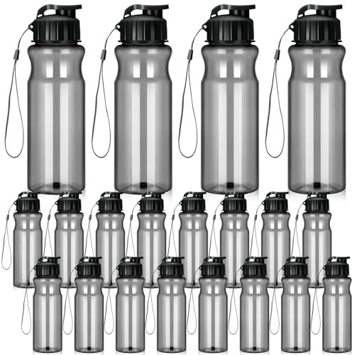 Tioncy 20 Pieces Plastic Water Bottles for Adults Bulk 17 oz Sport Drink Bottles with Handle Strap Lightweight Leakproof Drink Flip Top cups for Party Outdoor(Black,fresh style)