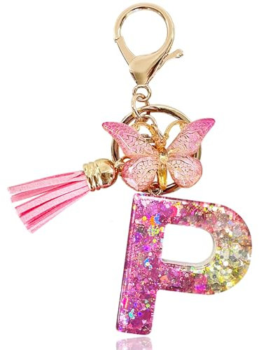 Yanmucy Buchstaben Schlüsselanhänger Mädchen Ringe Lila Niedlich Schlüsselanhänger Glitzer mit Schmetterling Quasten Harz Keychain Aesthetic für Tasche Charme Frauen Mädchen Tasche Dec (P)