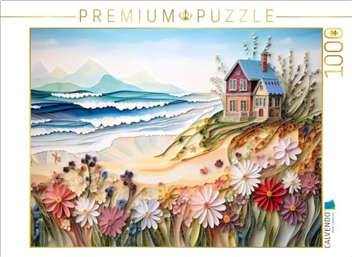 Puzzle · Sanfte Wellen am kleinen Strandhaus | Papierschnittkunst und Quilting · 1000 Teile · Lege-Größe 64 × 48 cm · CALVENDO Puzzle