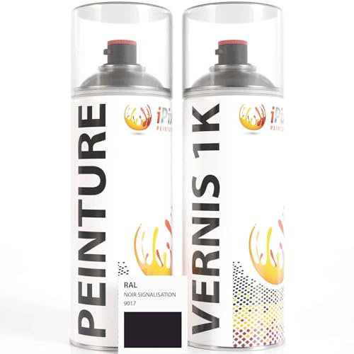 ipixline Kit Retouche Peinture Carrosserie Voiture - Bombe Aérosol Peinture 400 ml, Vernis Brillant 1k 400 ml - Compatible avec Ral - Noir Signalisation Mat 9017