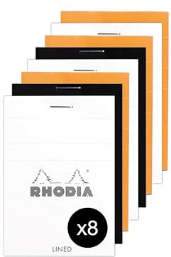 Rhodia 11600AMZC - Set mit 8 Blöcken geheftet N°11 - A7 - liniert - 40 Blatt abtrennbar -80 g/m² - 3 Farben sortiert (Orange, Schwarz & Weiß)