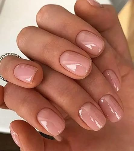 MouyouGlow Press on Nails Kurz,Square Nude Natürliche Glossy Jelly Fake Nails Kunstnägel mit Nagelkleber,Hautfarbe Natural Künstliche Fingernägel