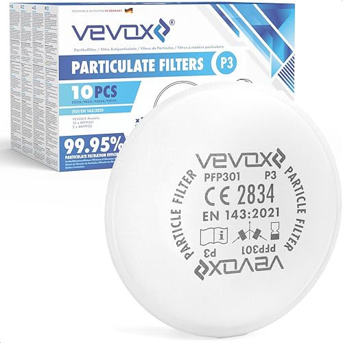 VEVOX® P3 Partikelfilter im 10er Set - Schutz gegen Partikel & Aerosole - 99,5% Filtrationsleistung bei Partikeln & Aerosolen (0,6μm) - inkl. 2 x Kunstoffretainer - Kompatibel mit VEVOX® #HM5376