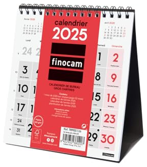 Finocam – Neutraler Schreibtischkalender mit großen Zahlen 2025, 1 Monat pro Seite, Januar 2025 – Dezember 2025 (12 Monate) Französisch