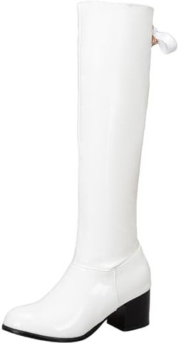 Asterisco Stivali Alti Al Ginocchio da Donna con Tacco Largo Bowknot Tacco Medio Boot Punta Rotonda Zip Stivali da Equitazione, Y46355Ct Bianco Numero 44 EU/46Cn