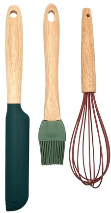 Zenker Christmas Silicone Baking Set, 1 x Spatula, 1 x Whisk, 1 x Pastry Brush, Non-Stick Non-Scratch Silicone Function Heads with Wooden Handles, Festive Colours Green & Red