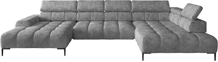 Plaza Ecksofa in U-Form - Rechte Seite, Funktional Komfortable Schlaffunktion Verstellbare Kopfstützen Verstellbarer Sitz Wellenfedersystem Hochelastischer Schaum 385x216 cm, Grau