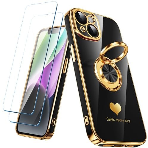 Nonional Compatible for iPhone 14 Case with 2 Pack Screen Protector, 360° Rotatable Ring Holder [Luxury Hearts Pattern] Plating Gold Edge Slim Soft Phone Cover Case for iPhone 14 - Black