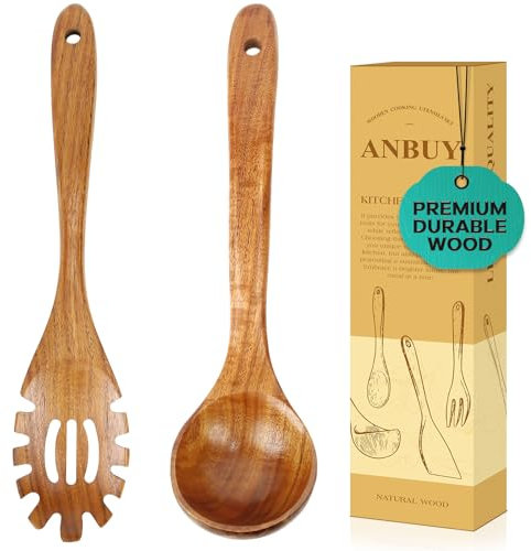 Wooden Spoons for Cooking, Natural Teak Kitchen Utensil Set, Large Cooking Ladle and Pasta Fork for Pasta Soup Serving Mixing (2Pcs)