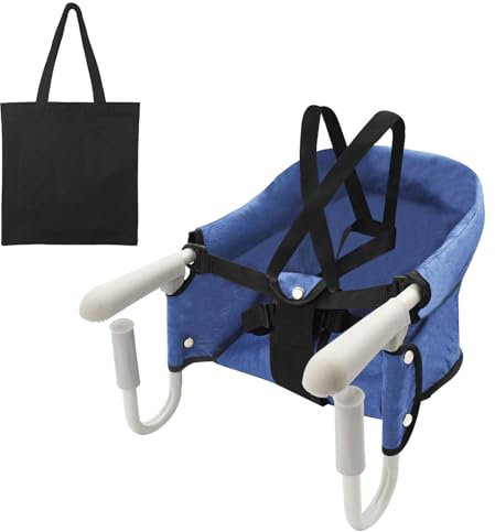 Surplex Tischsitz Faltbar Babysitz, Klappbarer Baby Hochstuhl Sitzerhöhung mit Transporttasche, für Kleinkind Carrier für zu Hause und Unterwegs, Belastbar Bis 15 kg, Waschbar, Blau