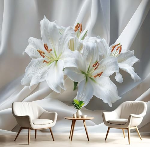 ANALTIRCE Photo Wallpaper Lily 250×175cm Non-Woven Premium Art Print XL Mural 3D Effect Decoration Poster, Flowers Plants Picture Design Modern Bedroom Living Room Decoration, White
